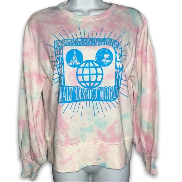 WALT DISNEY WORLD Pink Blue Tie Dye Mickey Castle Lounge Pullover Sweatshirt XS - Picture 2 of 8